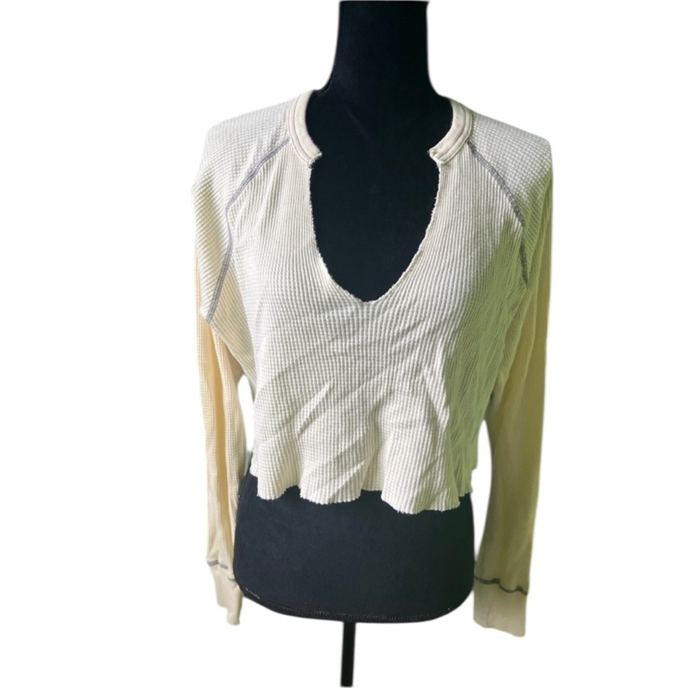 BDG Womens Cream Waffle Knit Thermal‎ Crop Long Sleeve Top Medium